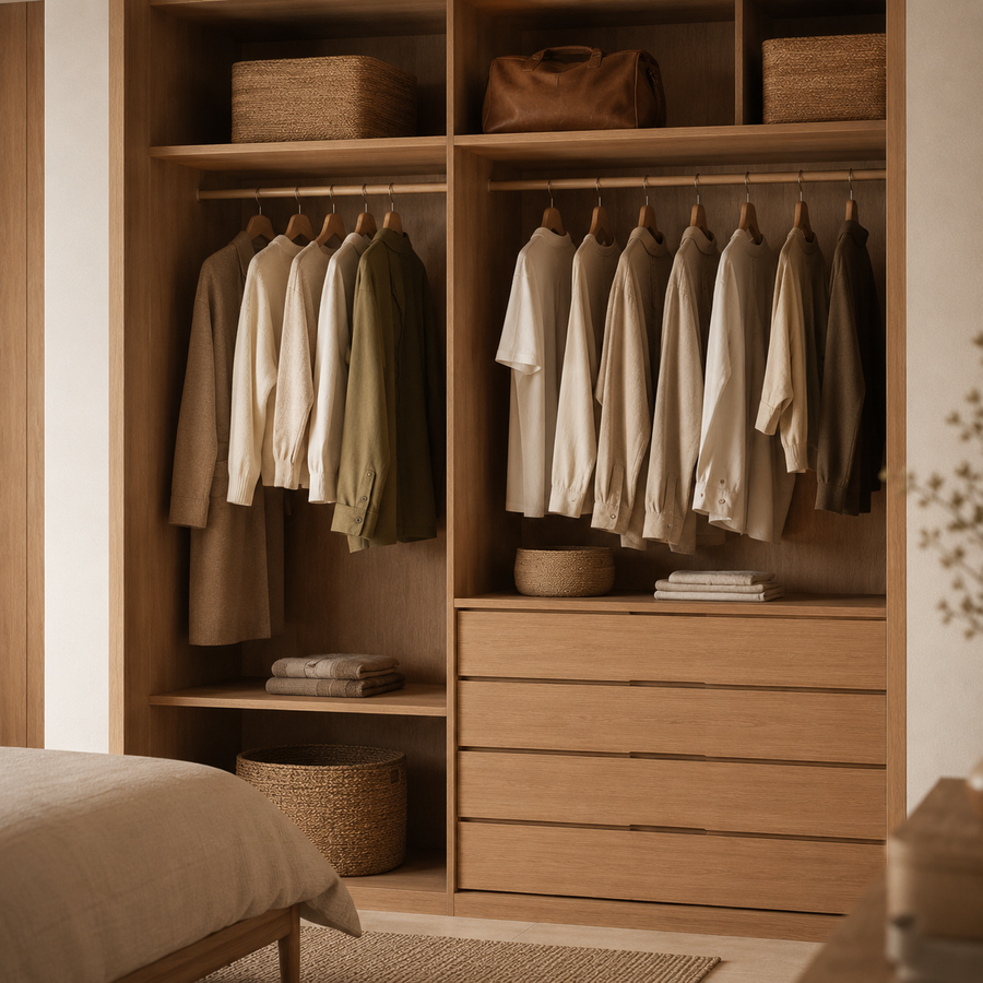 Organized wardrobe interior with hanging and drawers